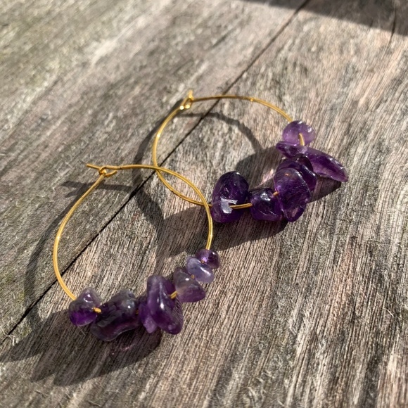 Gold Gemstone Hoop Earrings, Boho Hoops - Picture 2 of 7